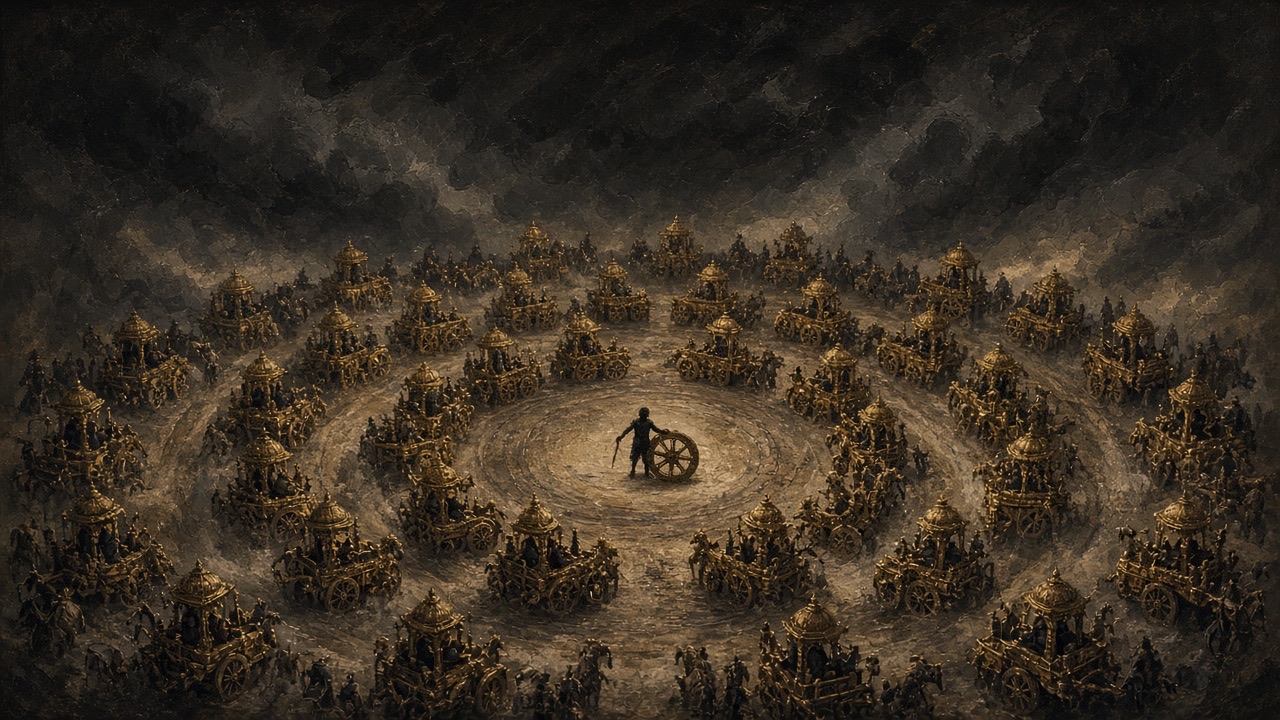 A wheel of gold chariots closing around one small figure at the centre.