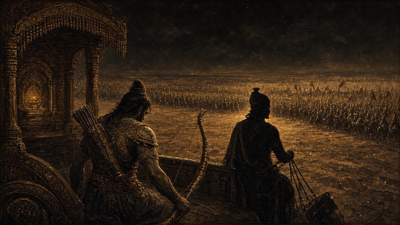 A great bow slipping from a warrior’s hand between two hosts.