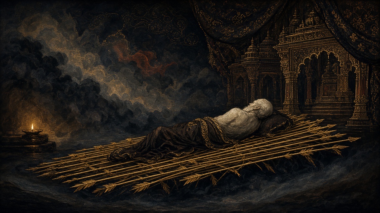 A grandsire on a bed of gold arrows that do not let the body touch the earth.