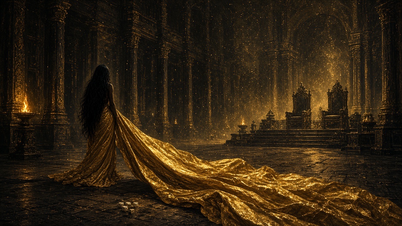 Endless gold cloth spilling across a dark sabha floor, dice in shadow.