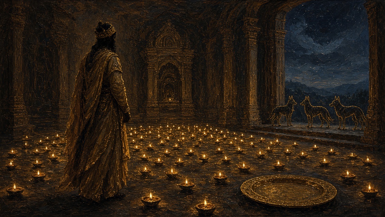 A hundred lamps in a dark palace, one prince among them, jackals at the door.