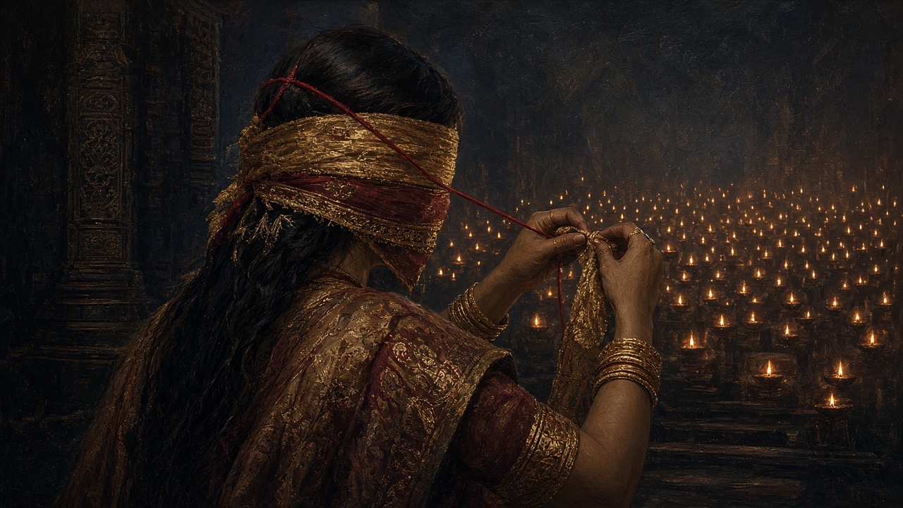 Hands tying a gold-threaded cloth over the eyes, a hundred faint flames behind.