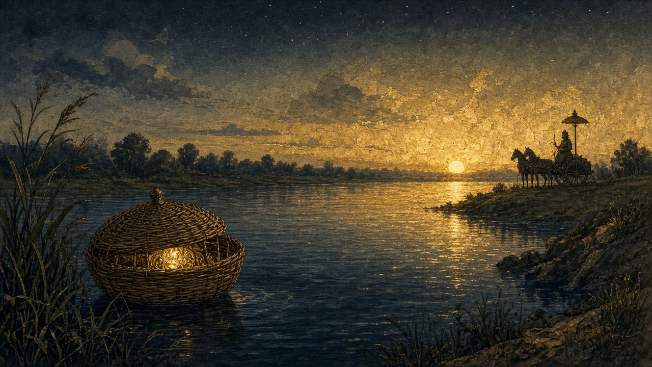 A basket on a dark river, a faint glow of sun-metal under the lid.