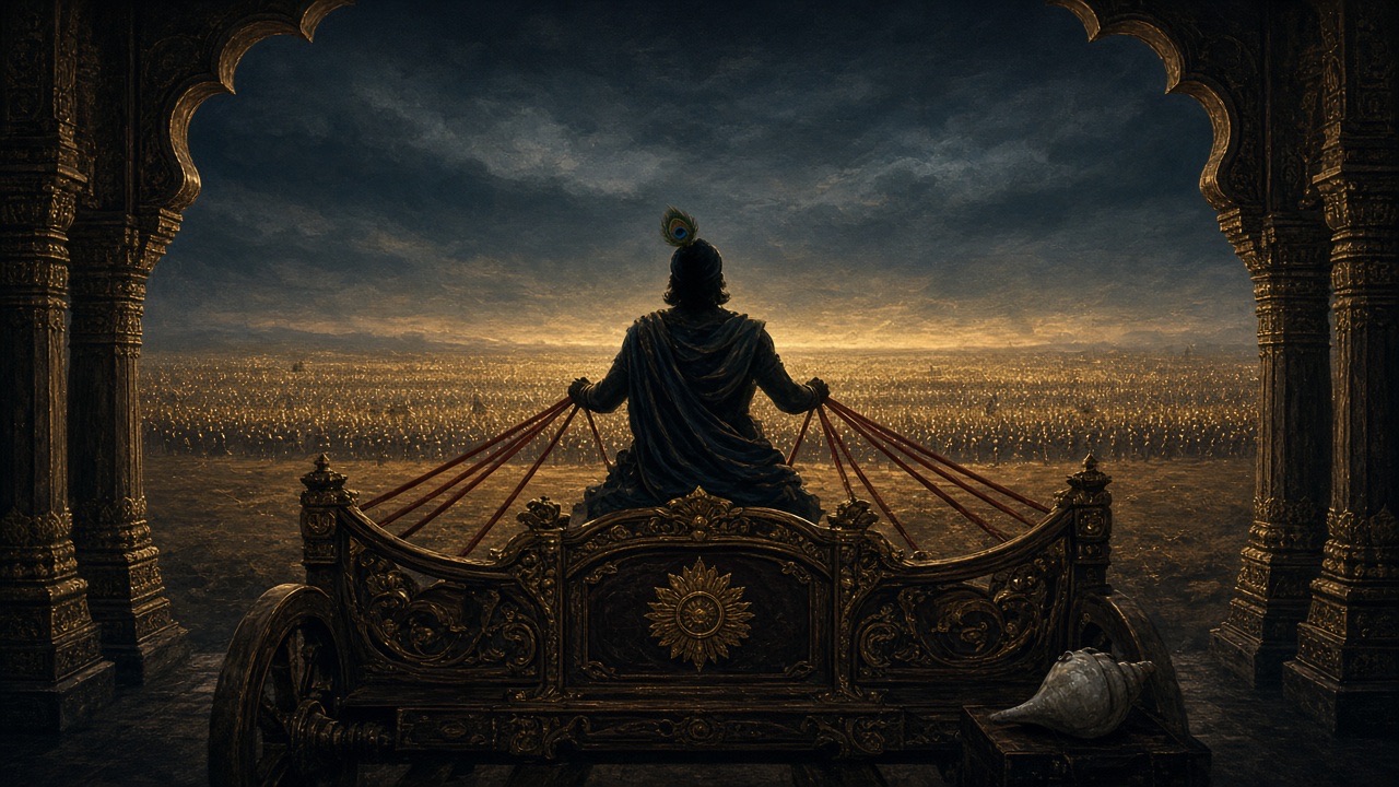 A charioteer holding the reins, two armies as gold dust on the horizon.