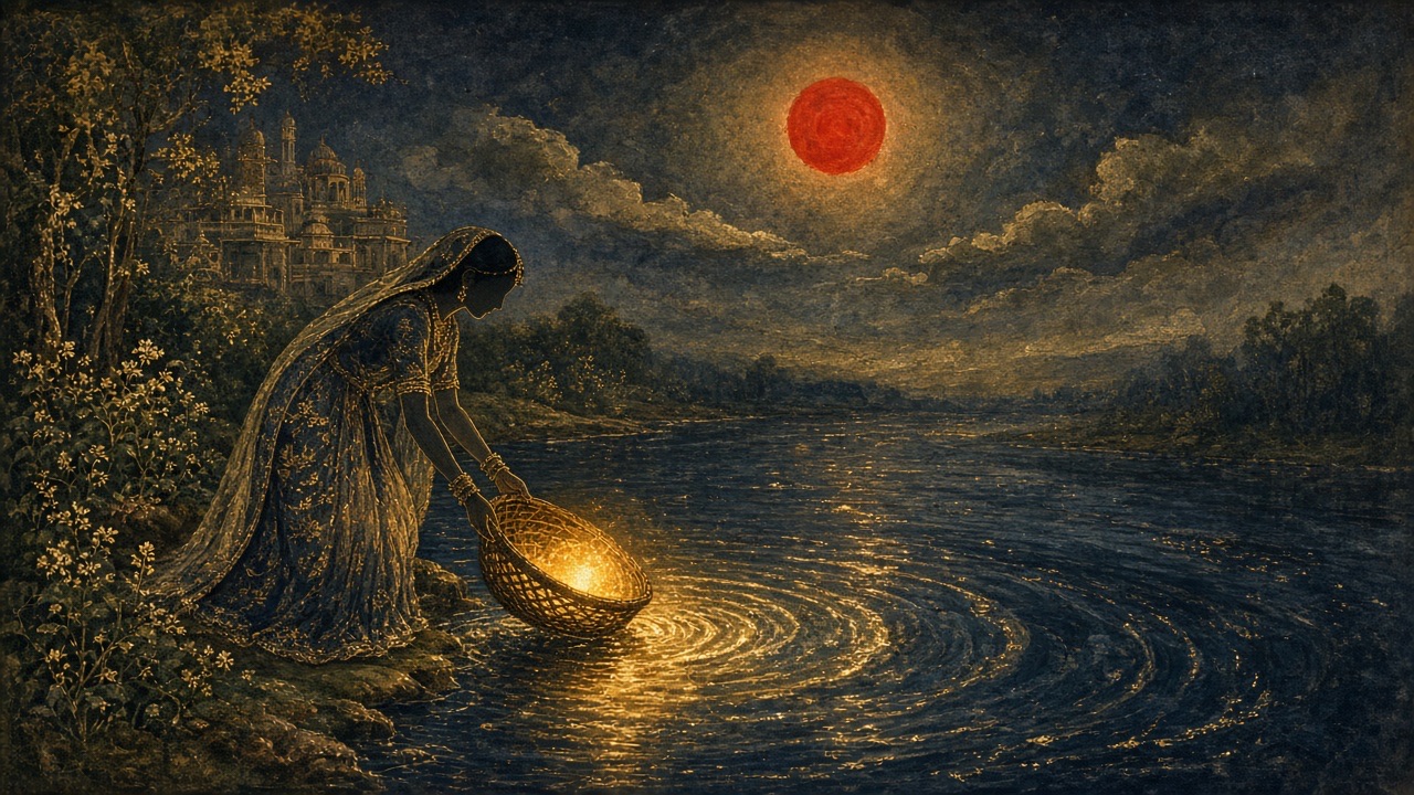 A young woman at a night river, setting a glowing basket on the water.