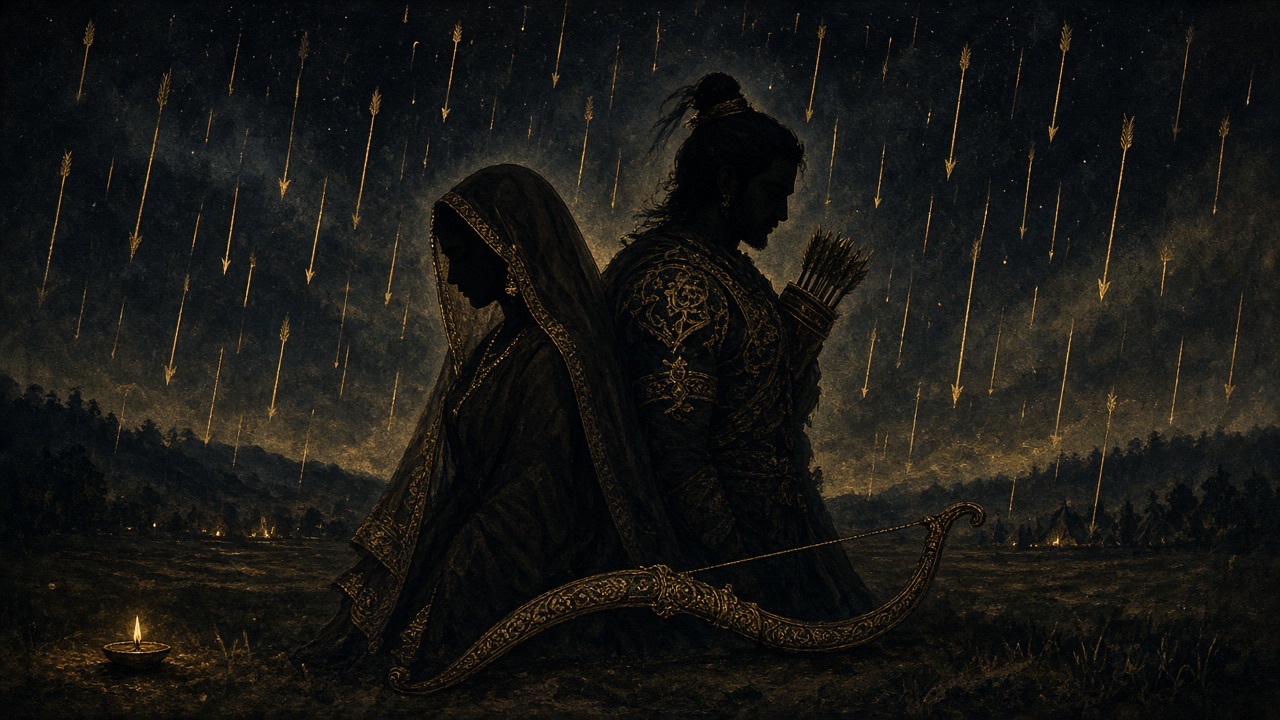 Two overlapping silhouettes before a lowered bow, gold arrows like rain.