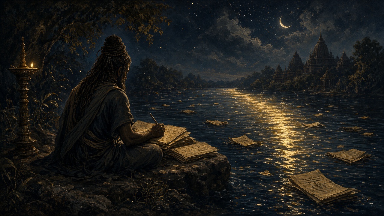 A dark sage on a river island, composing on palm leaves by lamp-light.